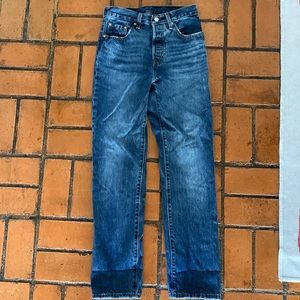 Levi’s dark wash 501 button fly jeans, size 25” waist, 30” length